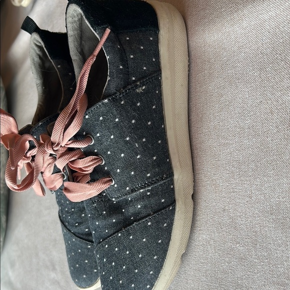 Toms Charcoal Grey and white Polka Dot Flats with pink lace. - Picture 2 of 4